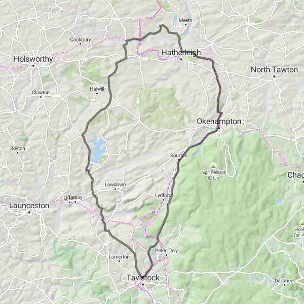 Map miniature of "Tavistock Loop via Chillaton and Okehampton" cycling inspiration in Devon, United Kingdom. Generated by Tarmacs.app cycling route planner