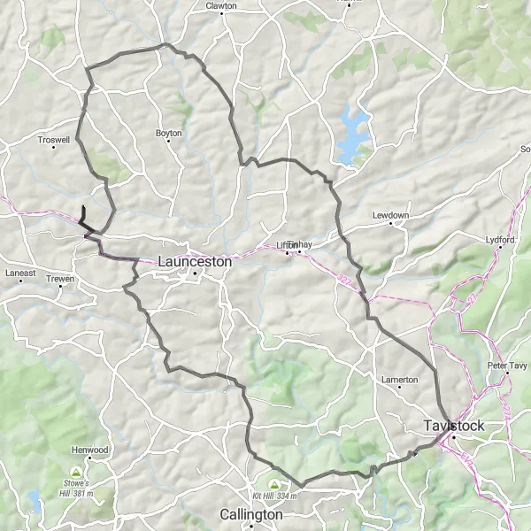Map miniature of "Tamar Valley Explorer" cycling inspiration in Devon, United Kingdom. Generated by Tarmacs.app cycling route planner