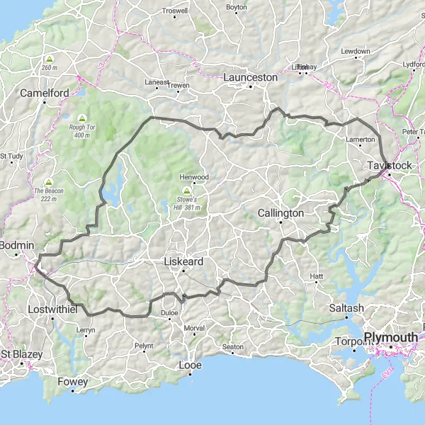 Map miniature of "Challenging Routes of Cornwall and Devon" cycling inspiration in Devon, United Kingdom. Generated by Tarmacs.app cycling route planner
