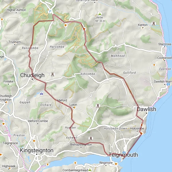 Map miniature of "Teignmouth Gravel Adventure" cycling inspiration in Devon, United Kingdom. Generated by Tarmacs.app cycling route planner