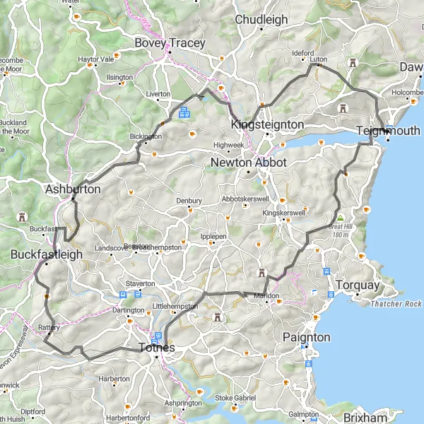 Map miniature of "Teignmouth to Totnes Loop" cycling inspiration in Devon, United Kingdom. Generated by Tarmacs.app cycling route planner