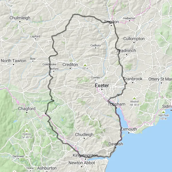 Map miniature of "Tiverton Loop" cycling inspiration in Devon, United Kingdom. Generated by Tarmacs.app cycling route planner