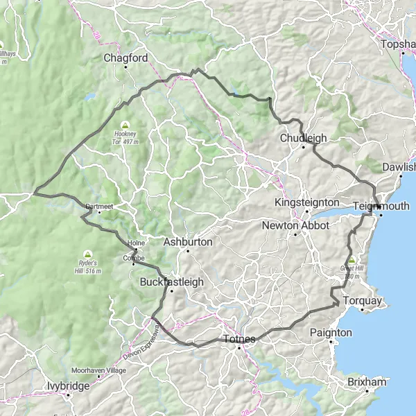 Map miniature of "Teignmouth to Dartmoor Adventure" cycling inspiration in Devon, United Kingdom. Generated by Tarmacs.app cycling route planner