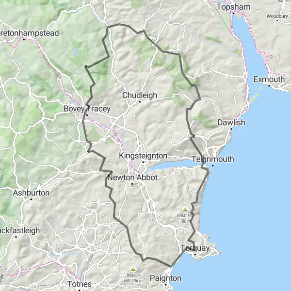 Map miniature of "Torquay to Marldon via Bovey Tracey" cycling inspiration in Devon, United Kingdom. Generated by Tarmacs.app cycling route planner