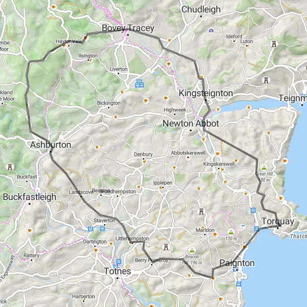 Map miniature of "Torquay to Beacon Hill via Ashburton" cycling inspiration in Devon, United Kingdom. Generated by Tarmacs.app cycling route planner