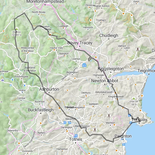 Map miniature of "Paignton and Manaton Loop" cycling inspiration in Devon, United Kingdom. Generated by Tarmacs.app cycling route planner