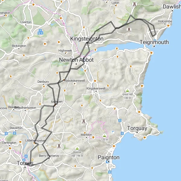 Map miniature of "Totnes Ipplepen Teignmouth Loop" cycling inspiration in Devon, United Kingdom. Generated by Tarmacs.app cycling route planner