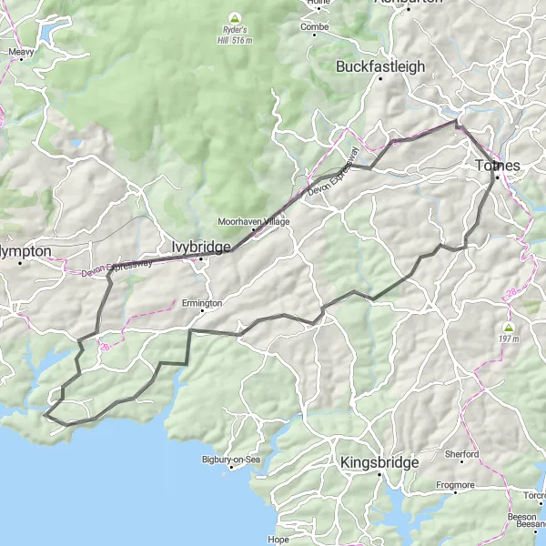 Map miniature of "Modbury Hill Challenge" cycling inspiration in Devon, United Kingdom. Generated by Tarmacs.app cycling route planner