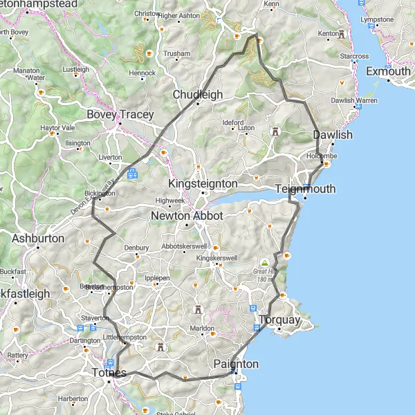 Map miniature of "Totnes Bickington Chudleigh Paignton Loop" cycling inspiration in Devon, United Kingdom. Generated by Tarmacs.app cycling route planner
