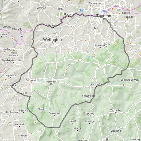 Map miniature of "Sampford Arundel Circuit" cycling inspiration in Devon, United Kingdom. Generated by Tarmacs.app cycling route planner