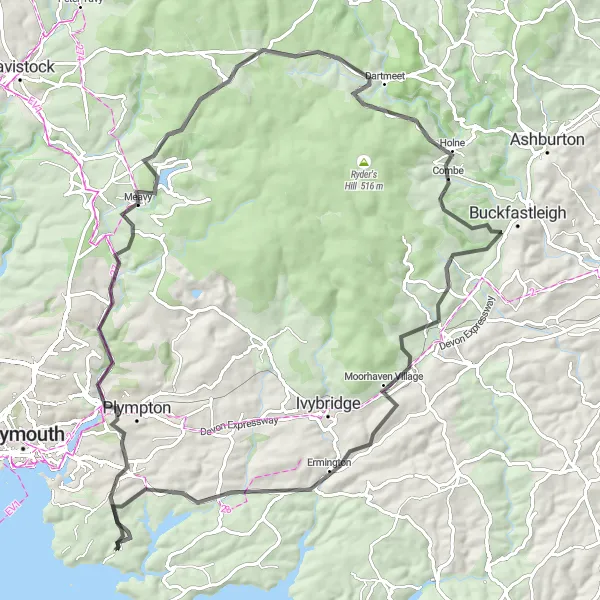 Map miniature of "South Brent and Dewerstone Rock Circuit" cycling inspiration in Devon, United Kingdom. Generated by Tarmacs.app cycling route planner