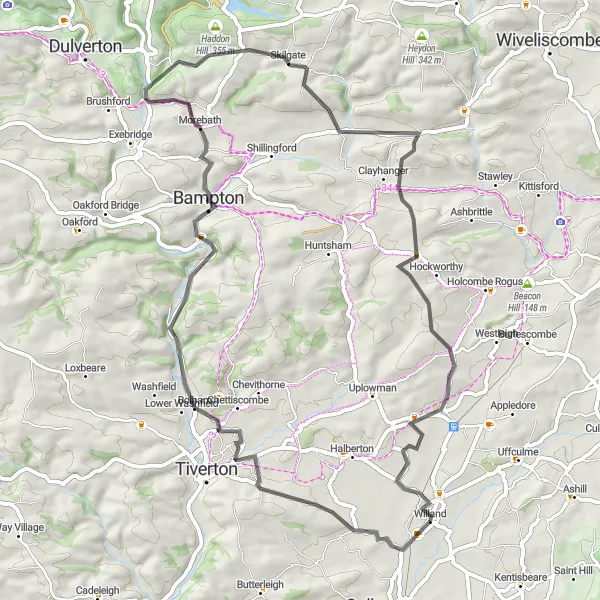 Map miniature of "Bolham Blast" cycling inspiration in Devon, United Kingdom. Generated by Tarmacs.app cycling route planner