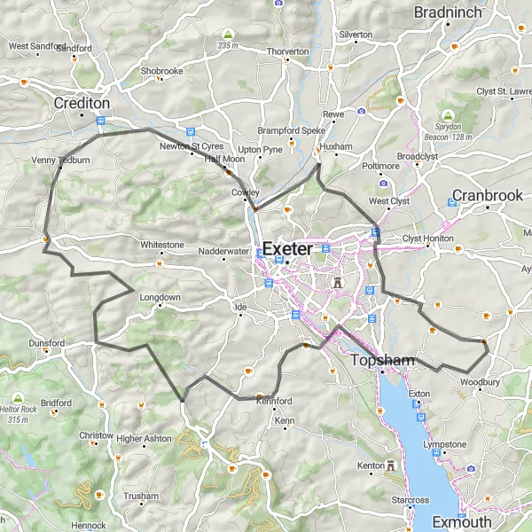 Map miniature of "Woodbury to Topsham Loop" cycling inspiration in Devon, United Kingdom. Generated by Tarmacs.app cycling route planner