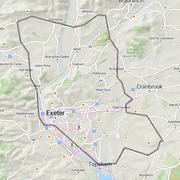 Map miniature of "Exeter Exploration" cycling inspiration in Devon, United Kingdom. Generated by Tarmacs.app cycling route planner