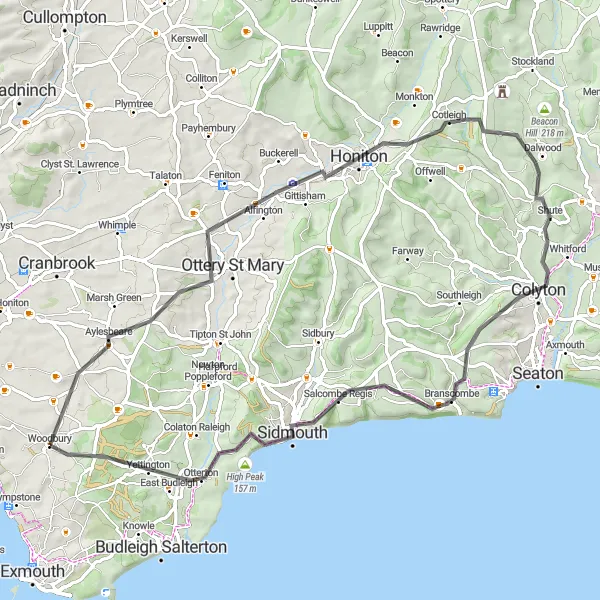 Map miniature of "Scenic Countryside and Famous Highlights" cycling inspiration in Devon, United Kingdom. Generated by Tarmacs.app cycling route planner
