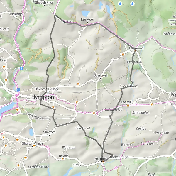 Map miniature of "Plympton and Cornwood Loop" cycling inspiration in Devon, United Kingdom. Generated by Tarmacs.app cycling route planner