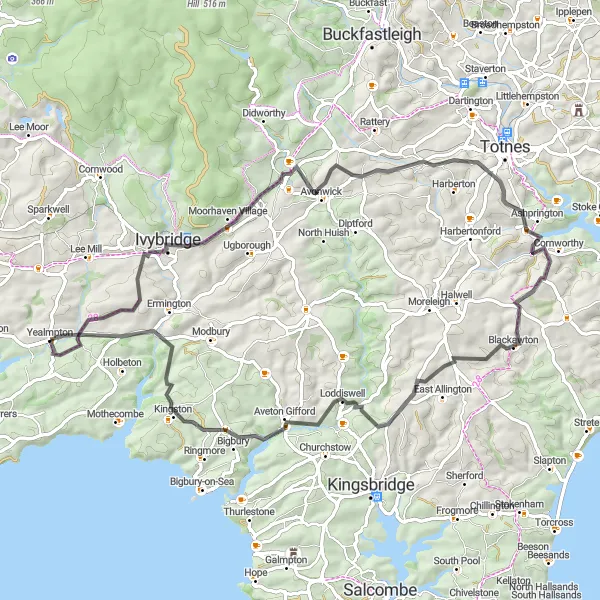 Map miniature of "Yealmpton and Bittaford Loop" cycling inspiration in Devon, United Kingdom. Generated by Tarmacs.app cycling route planner