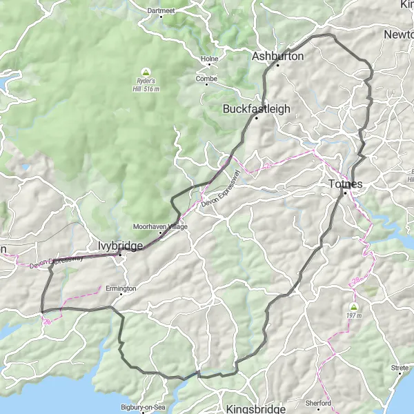Map miniature of "Yealmpton-Bittaford-Buckfastleigh-Aveton Gifford Round Trip" cycling inspiration in Devon, United Kingdom. Generated by Tarmacs.app cycling route planner