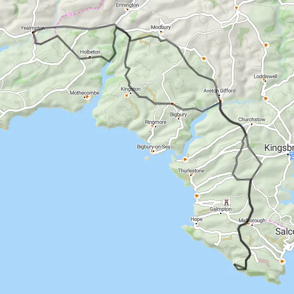 Map miniature of "Yealmpton-Bigbury-Malborough-Holbeton Round Trip" cycling inspiration in Devon, United Kingdom. Generated by Tarmacs.app cycling route planner