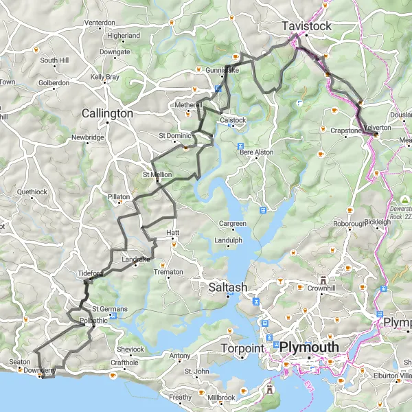 Map miniature of "Contours of Calstock" cycling inspiration in Devon, United Kingdom. Generated by Tarmacs.app cycling route planner
