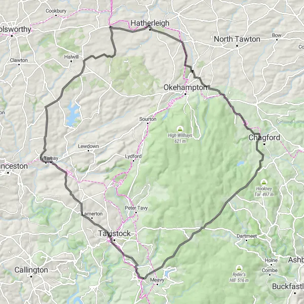 Map miniature of "Grand Tour of North Devon and Dartmoor" cycling inspiration in Devon, United Kingdom. Generated by Tarmacs.app cycling route planner