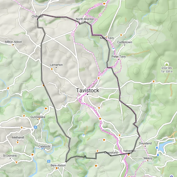 Map miniature of "Tamar Valley Explorer" cycling inspiration in Devon, United Kingdom. Generated by Tarmacs.app cycling route planner