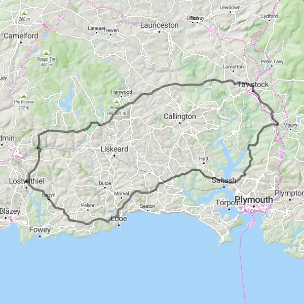Map miniature of "South Devon Loop" cycling inspiration in Devon, United Kingdom. Generated by Tarmacs.app cycling route planner