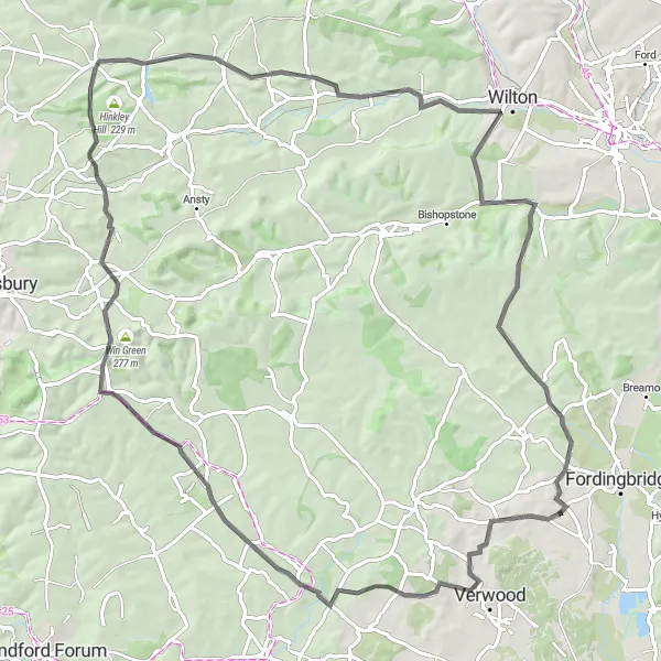 Map miniature of "The Challenging Hills Tour" cycling inspiration in Dorset and Somerset, United Kingdom. Generated by Tarmacs.app cycling route planner