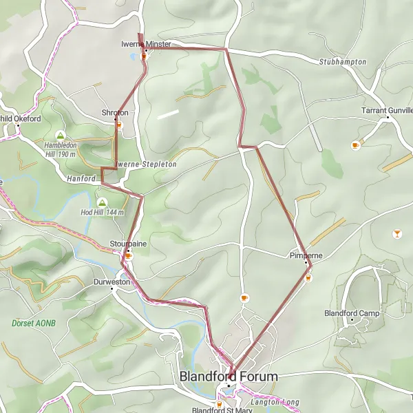 Map miniature of "Hod Hill Gravel Loop" cycling inspiration in Dorset and Somerset, United Kingdom. Generated by Tarmacs.app cycling route planner