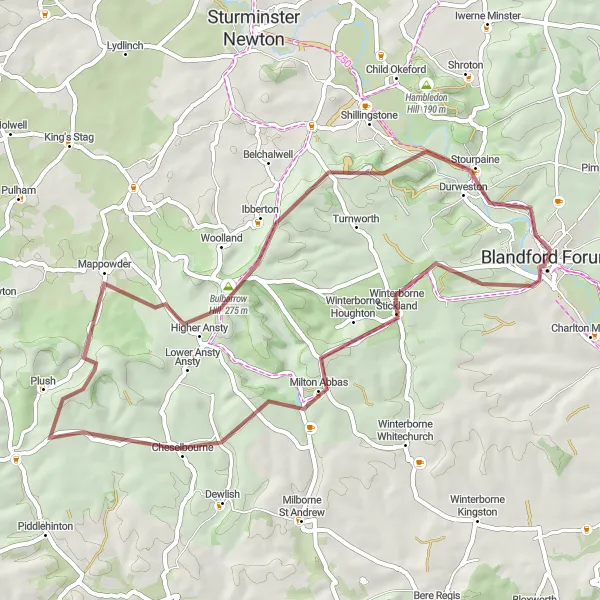 Map miniature of "Bulbarrow Hill Gravel Adventure" cycling inspiration in Dorset and Somerset, United Kingdom. Generated by Tarmacs.app cycling route planner