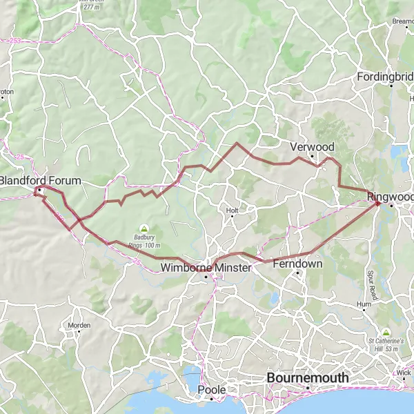 Map miniature of "Gravel Adventure to Blandford Forum" cycling inspiration in Dorset and Somerset, United Kingdom. Generated by Tarmacs.app cycling route planner