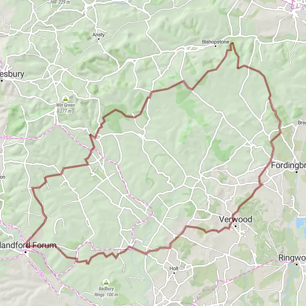 Map miniature of "Challenging Gravel Loop" cycling inspiration in Dorset and Somerset, United Kingdom. Generated by Tarmacs.app cycling route planner