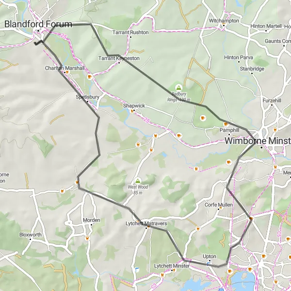 Map miniature of "The Dorset Delight" cycling inspiration in Dorset and Somerset, United Kingdom. Generated by Tarmacs.app cycling route planner