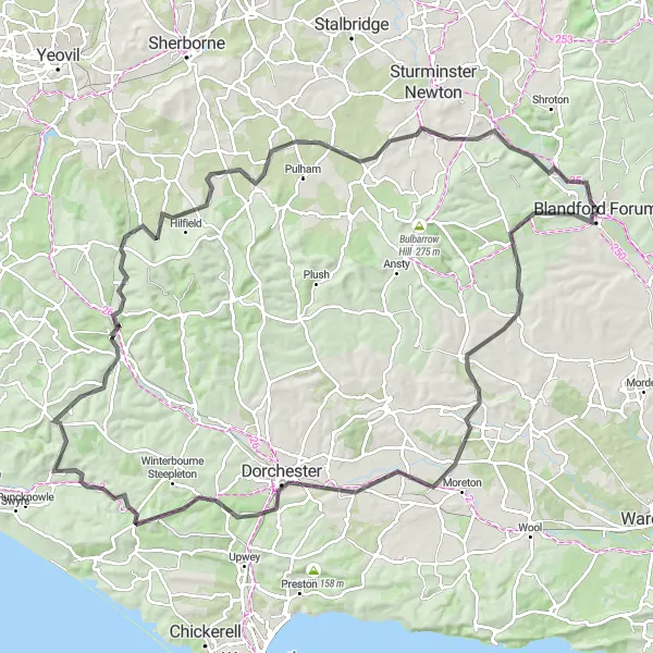 Map miniature of "The Jurassic Loop" cycling inspiration in Dorset and Somerset, United Kingdom. Generated by Tarmacs.app cycling route planner