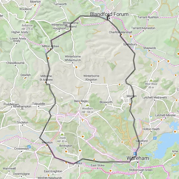 Map miniature of "The Castle Circuit" cycling inspiration in Dorset and Somerset, United Kingdom. Generated by Tarmacs.app cycling route planner