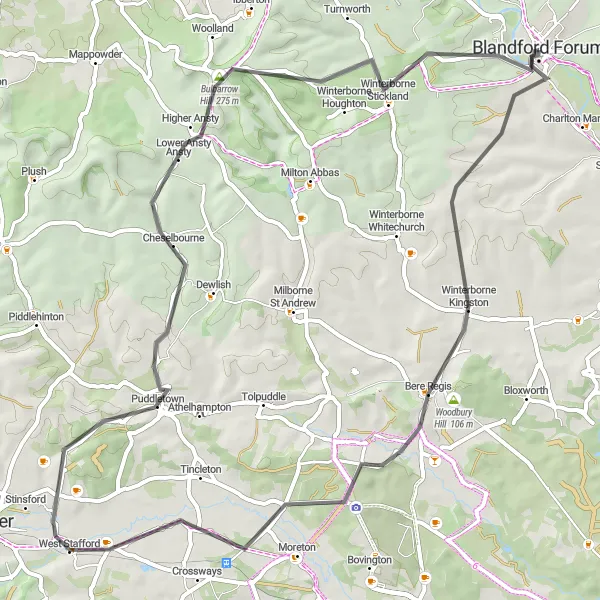 Map miniature of "Blandford Forum Loop" cycling inspiration in Dorset and Somerset, United Kingdom. Generated by Tarmacs.app cycling route planner