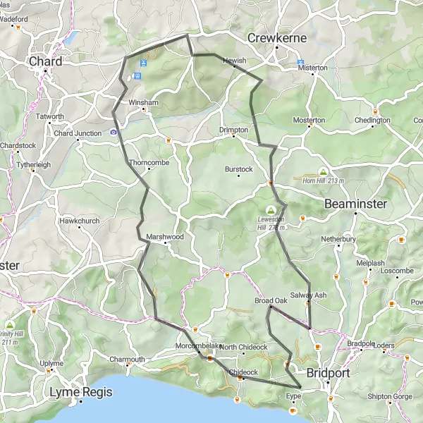 Map miniature of "Whitchurch Canonicorum Loop" cycling inspiration in Dorset and Somerset, United Kingdom. Generated by Tarmacs.app cycling route planner