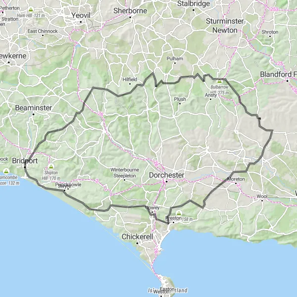 Map miniature of "Rampisham and Bulbarrow Hill" cycling inspiration in Dorset and Somerset, United Kingdom. Generated by Tarmacs.app cycling route planner