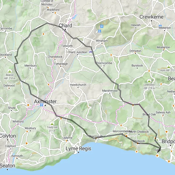 Map miniature of "Charming Countryside Loop" cycling inspiration in Dorset and Somerset, United Kingdom. Generated by Tarmacs.app cycling route planner