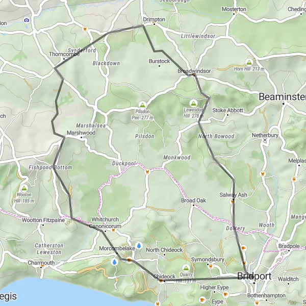 Map miniature of "Winding Through Chideock to Lewesdon Hill" cycling inspiration in Dorset and Somerset, United Kingdom. Generated by Tarmacs.app cycling route planner