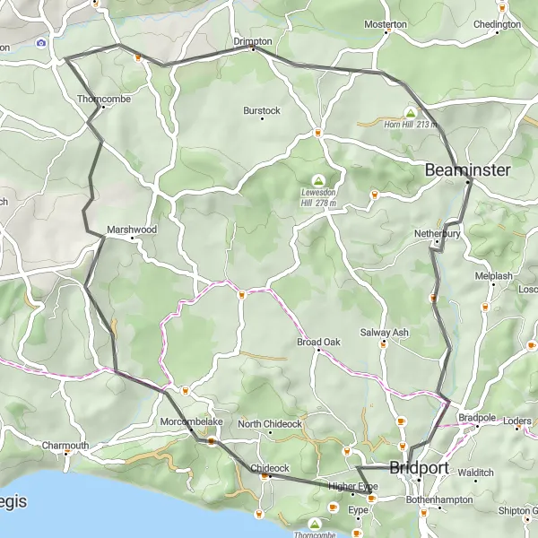 Map miniature of "Historic Landmarks and Rolling Countryside" cycling inspiration in Dorset and Somerset, United Kingdom. Generated by Tarmacs.app cycling route planner