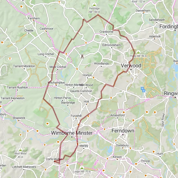 Map miniature of "Wimborne Minster and Gussage All Saints Gravel Route" cycling inspiration in Dorset and Somerset, United Kingdom. Generated by Tarmacs.app cycling route planner