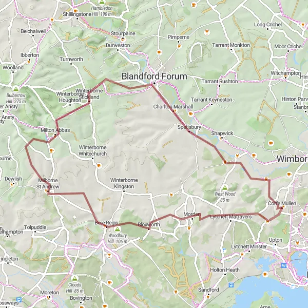 Map miniature of "The Gravel Explorer" cycling inspiration in Dorset and Somerset, United Kingdom. Generated by Tarmacs.app cycling route planner