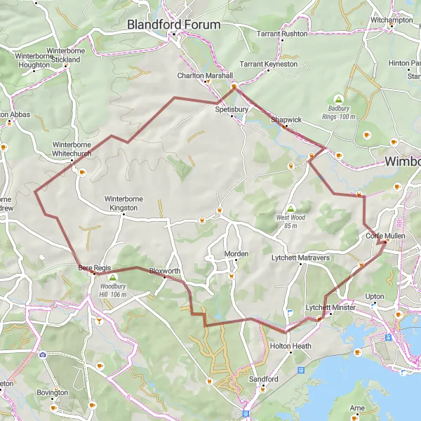 Map miniature of "The Gravel Trail" cycling inspiration in Dorset and Somerset, United Kingdom. Generated by Tarmacs.app cycling route planner