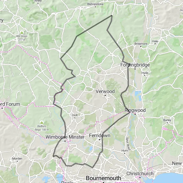 Map miniature of "Wimborne Minster and Corfe Mullen Cycling Route" cycling inspiration in Dorset and Somerset, United Kingdom. Generated by Tarmacs.app cycling route planner