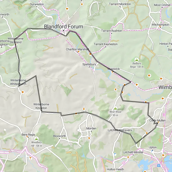 Map miniature of "Winterborne Zelston and Sturminster Marshall Road Cycling Route" cycling inspiration in Dorset and Somerset, United Kingdom. Generated by Tarmacs.app cycling route planner