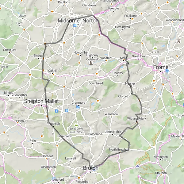 Map miniature of "Countryside Charm of Somerset" cycling inspiration in Dorset and Somerset, United Kingdom. Generated by Tarmacs.app cycling route planner