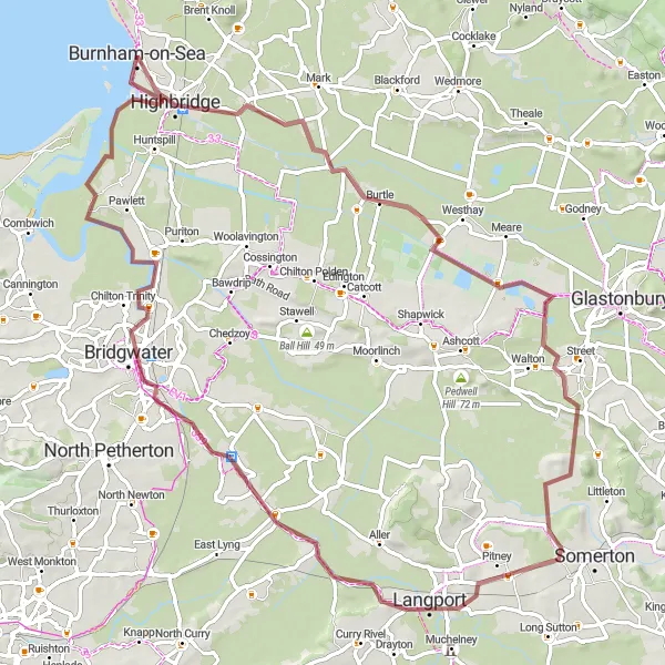 Map miniature of "The Somerset Levels Loop" cycling inspiration in Dorset and Somerset, United Kingdom. Generated by Tarmacs.app cycling route planner