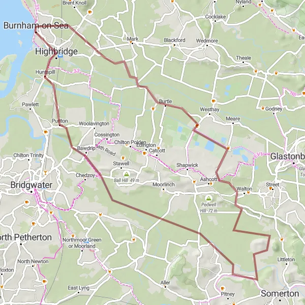 Map miniature of "Burtle Gravel Adventure" cycling inspiration in Dorset and Somerset, United Kingdom. Generated by Tarmacs.app cycling route planner