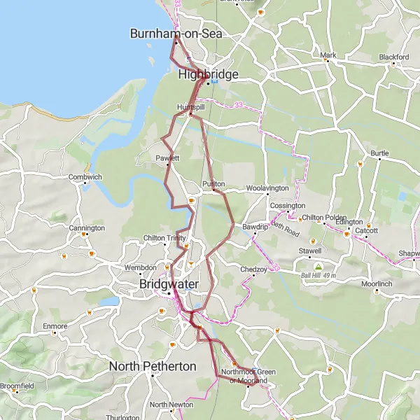 Map miniature of "Pawlett Gravel Loop" cycling inspiration in Dorset and Somerset, United Kingdom. Generated by Tarmacs.app cycling route planner